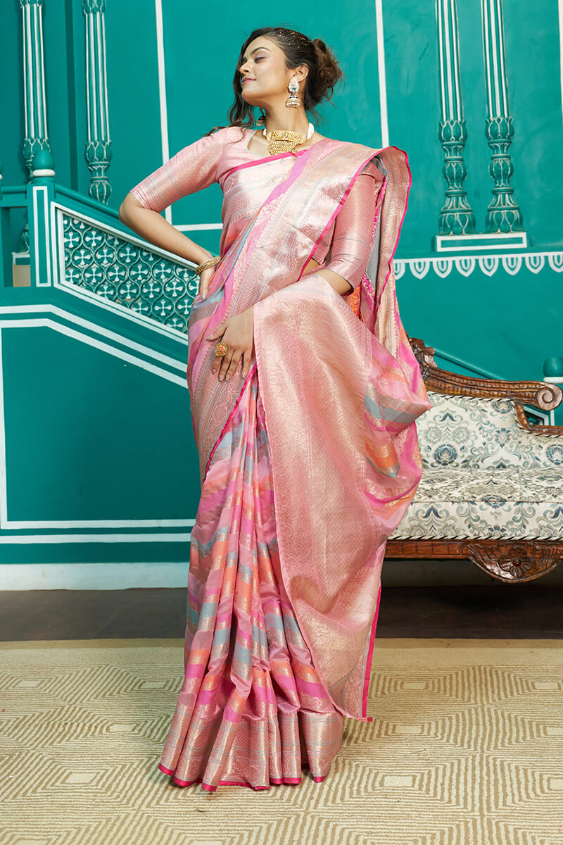 Majesty Baby Pink Organza Silk Saree With Radiant Blouse Piece
