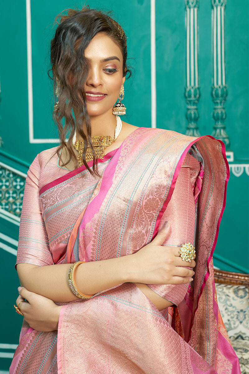 Majesty Baby Pink Organza Silk Saree With Radiant Blouse Piece
