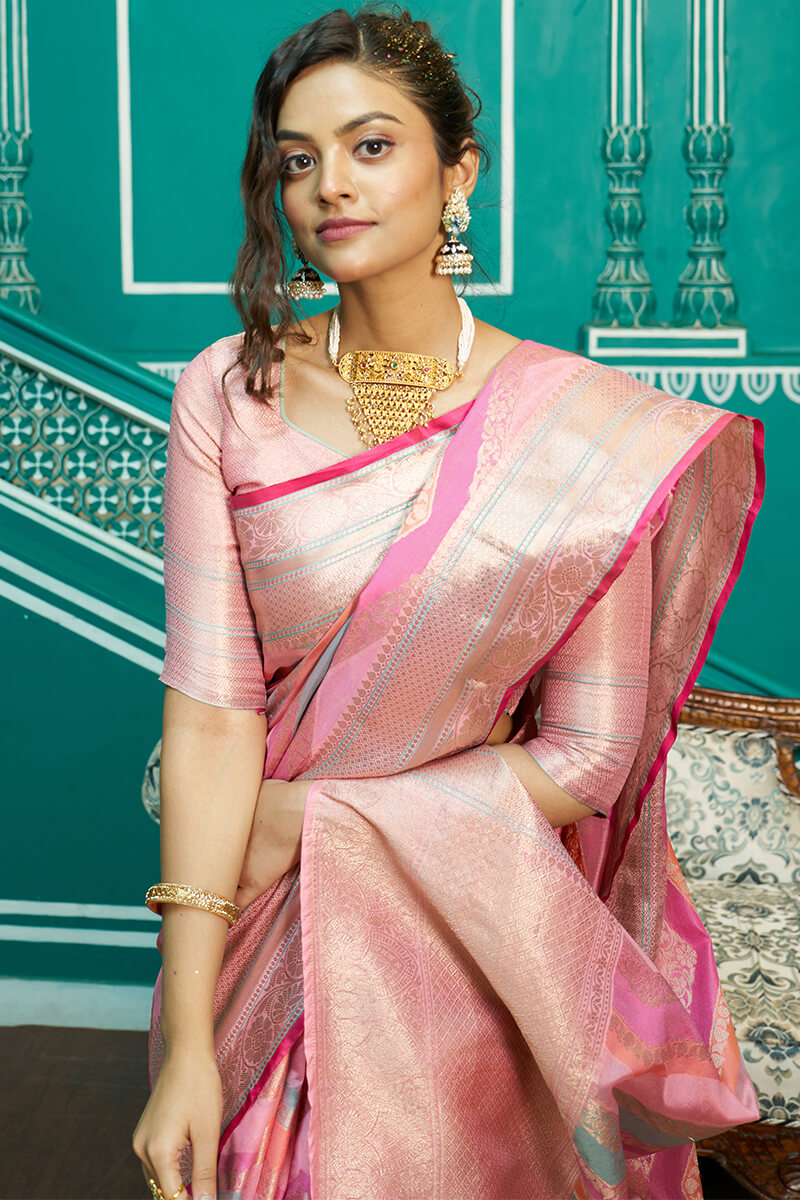 Majesty Baby Pink Organza Silk Saree With Radiant Blouse Piece