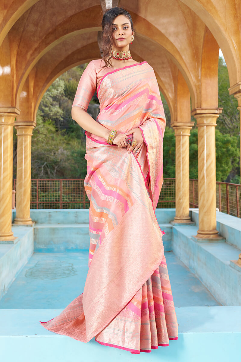 Prominent Pink Organza Silk Saree With Delightful Blouse Piece