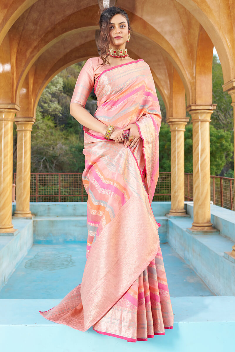 Prominent Pink Organza Silk Saree With Delightful Blouse Piece