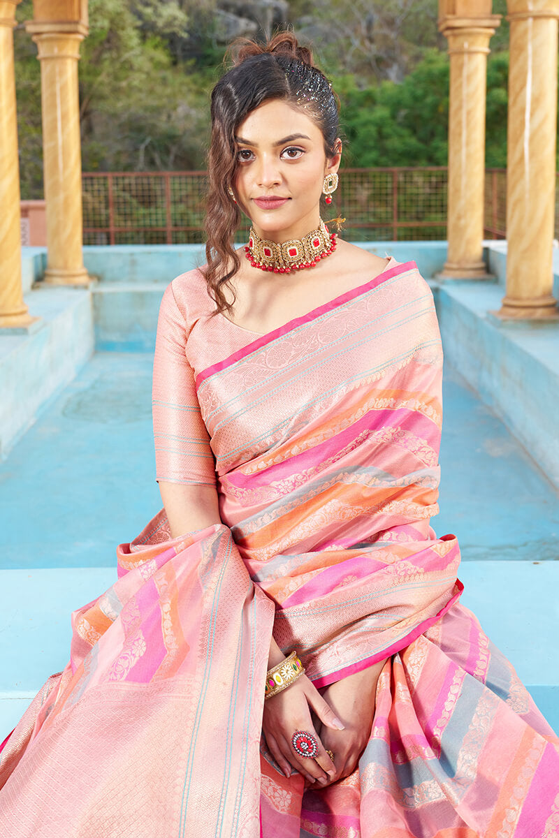 Prominent Pink Organza Silk Saree With Delightful Blouse Piece