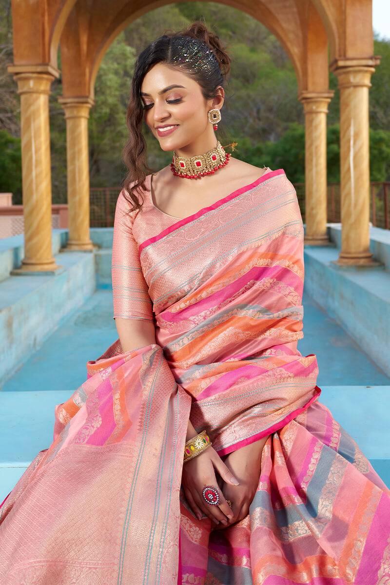 Prominent Pink Organza Silk Saree With Delightful Blouse Piece