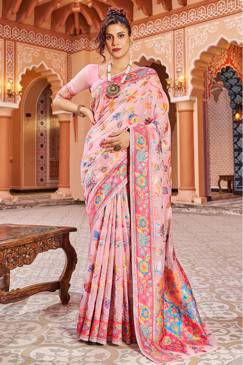 Captivating Baby Pink Linen Silk Saree With Prettiest Blouse Piece