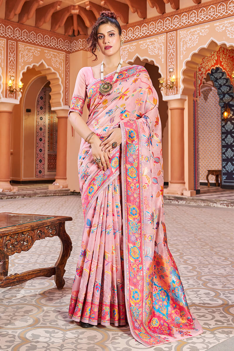 Captivating Baby Pink Linen Silk Saree With Prettiest Blouse Piece