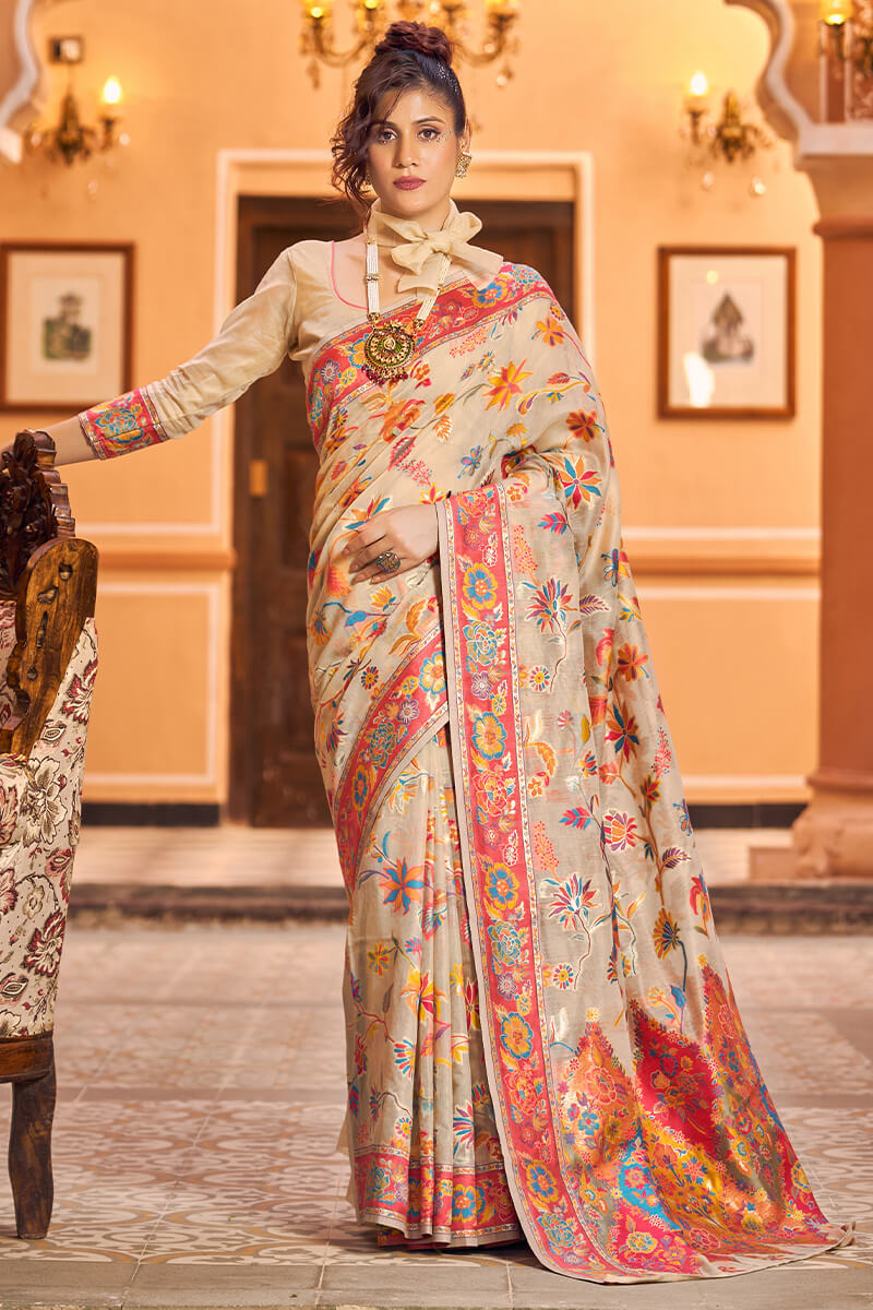 Exceptional Beige Linen Silk Saree With Surpassing Blouse Piece