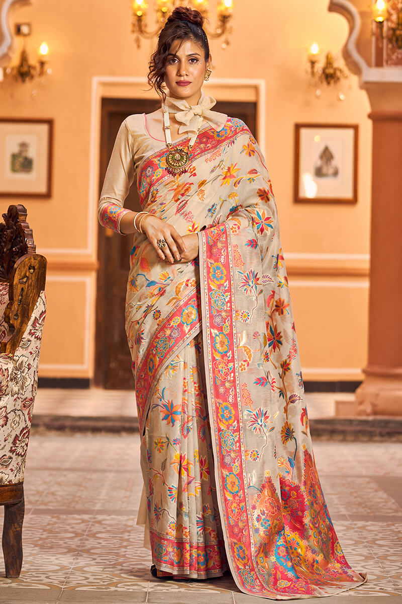 Exceptional Beige Linen Silk Saree With Surpassing Blouse Piece