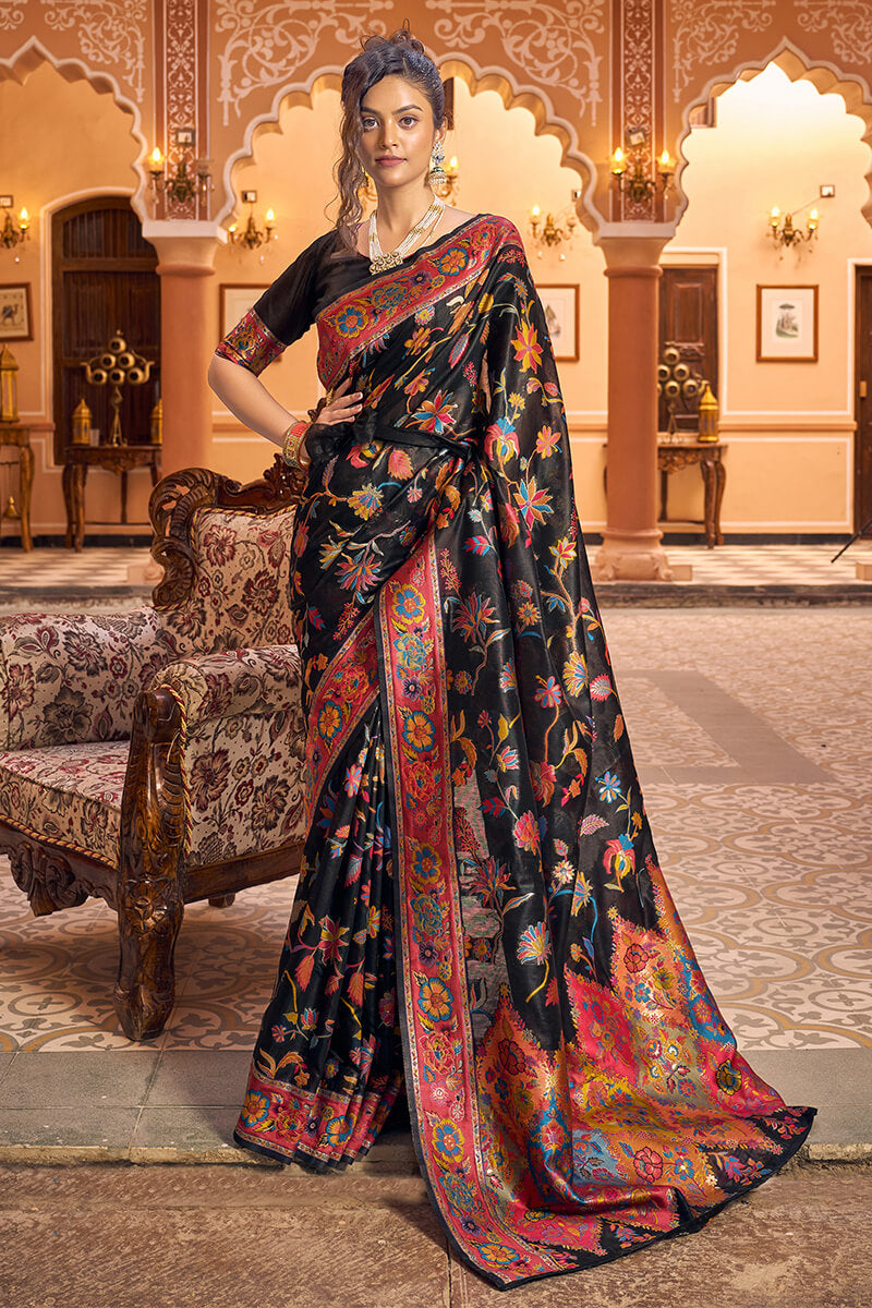 Groovy Black Linen Silk Saree With Trendy Blouse Piece