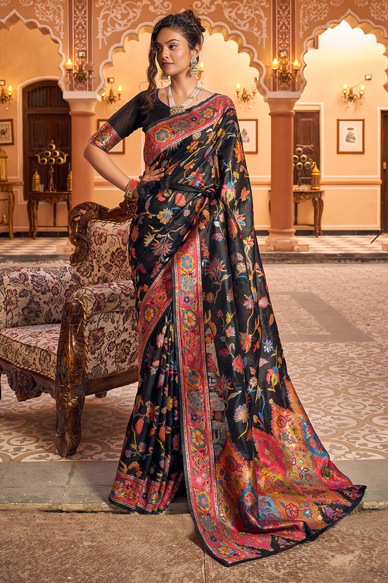 Groovy Black Linen Silk Saree With Trendy Blouse Piece