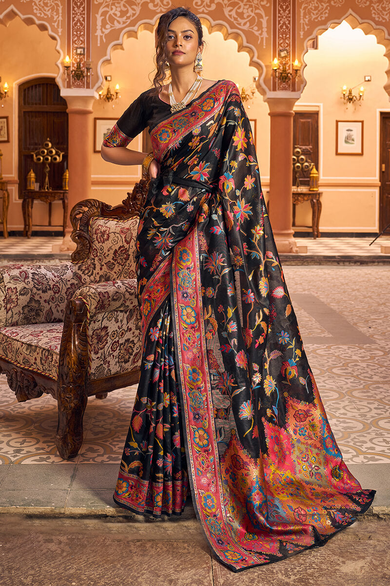 Groovy Black Linen Silk Saree With Trendy Blouse Piece