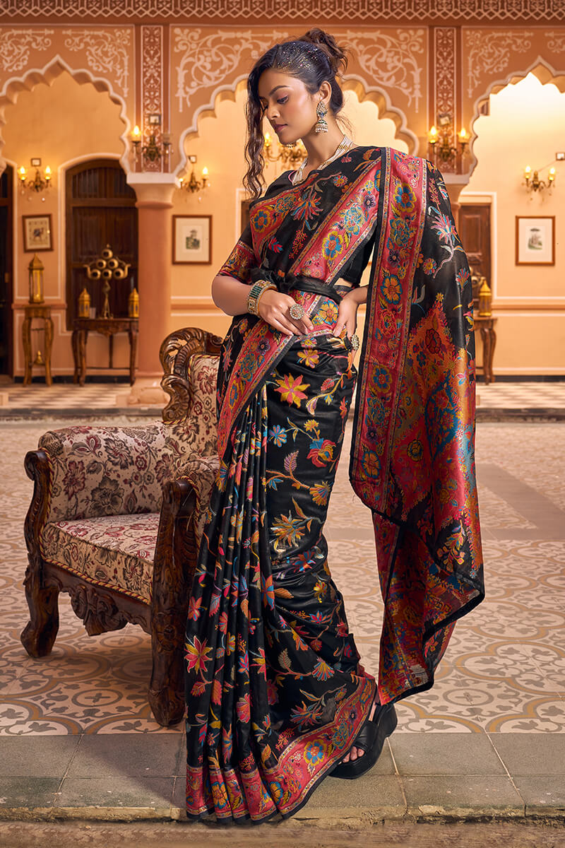 Groovy Black Linen Silk Saree With Trendy Blouse Piece