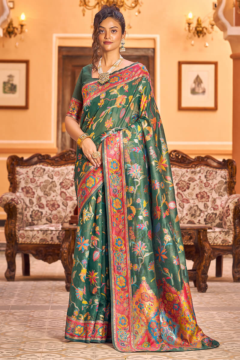 Opulent Dark Green Linen Silk Saree With Beautiful Blouse Piece