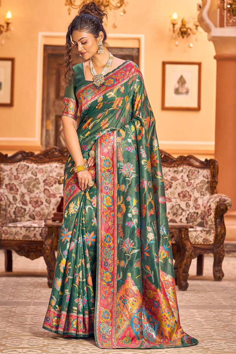 Opulent Dark Green Linen Silk Saree With Beautiful Blouse Piece