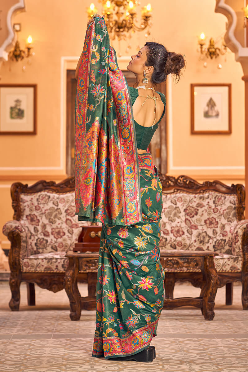 Opulent Dark Green Linen Silk Saree With Beautiful Blouse Piece