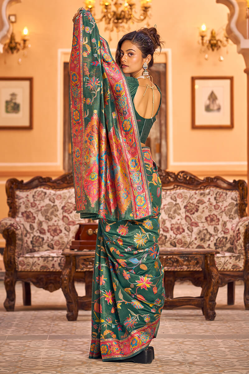 Opulent Dark Green Linen Silk Saree With Beautiful Blouse Piece