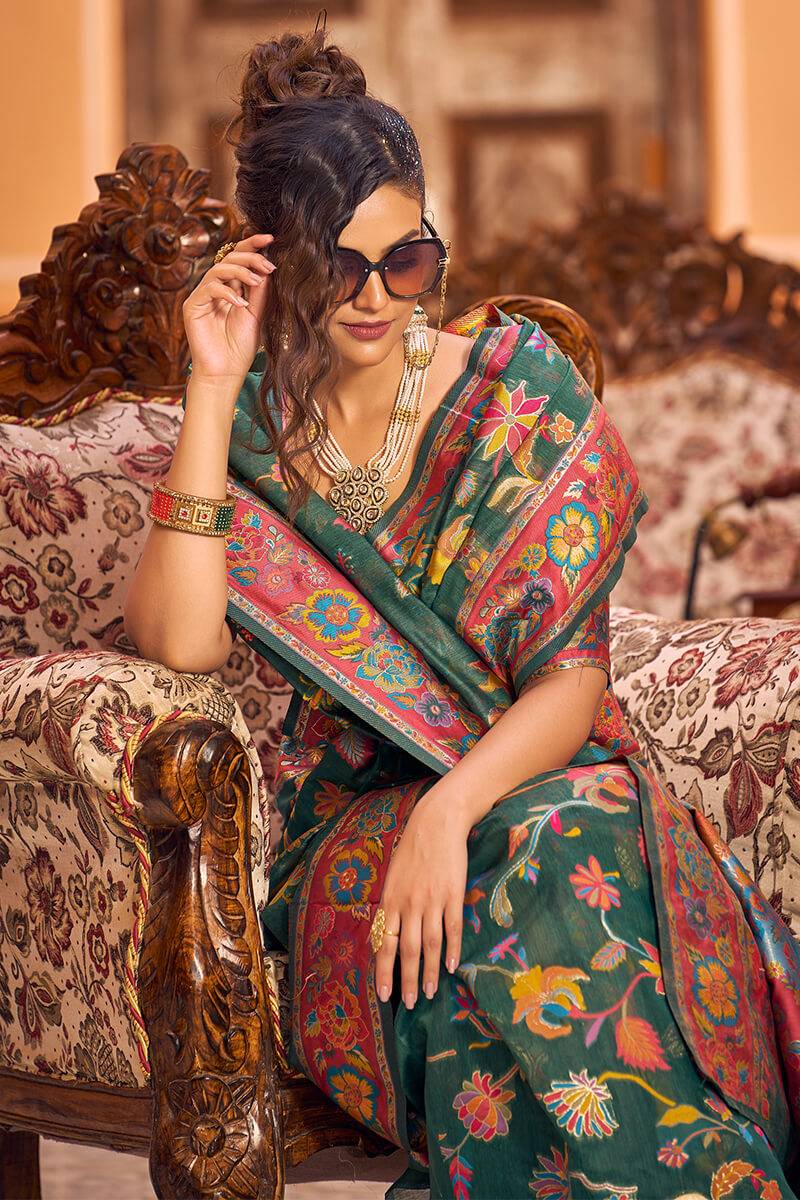 Opulent Dark Green Linen Silk Saree With Beautiful Blouse Piece