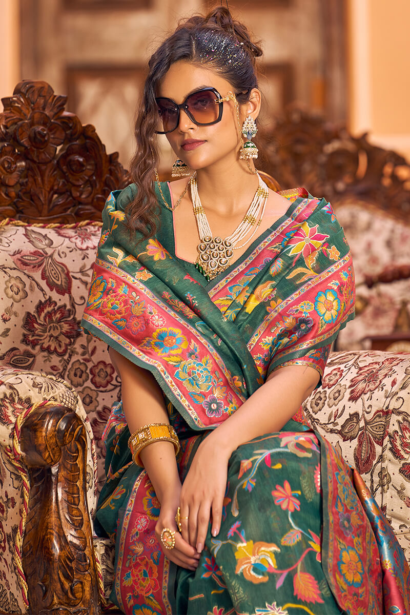 Opulent Dark Green Linen Silk Saree With Beautiful Blouse Piece