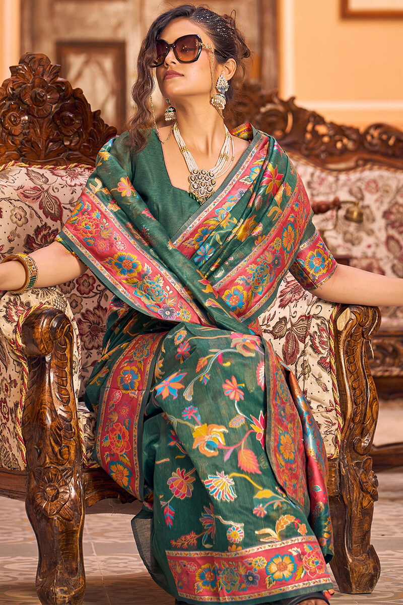 Opulent Dark Green Linen Silk Saree With Beautiful Blouse Piece