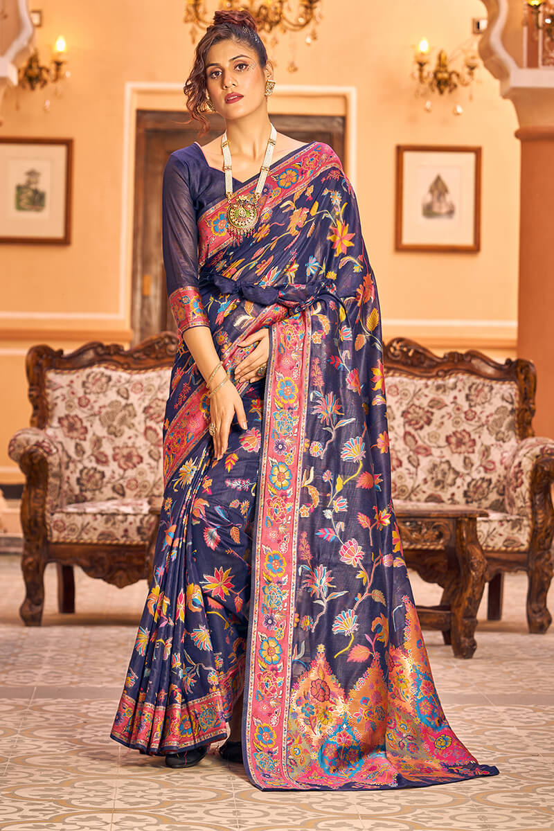 Radiant Navy Blue Linen Silk Saree With Engrossing Blouse Piece