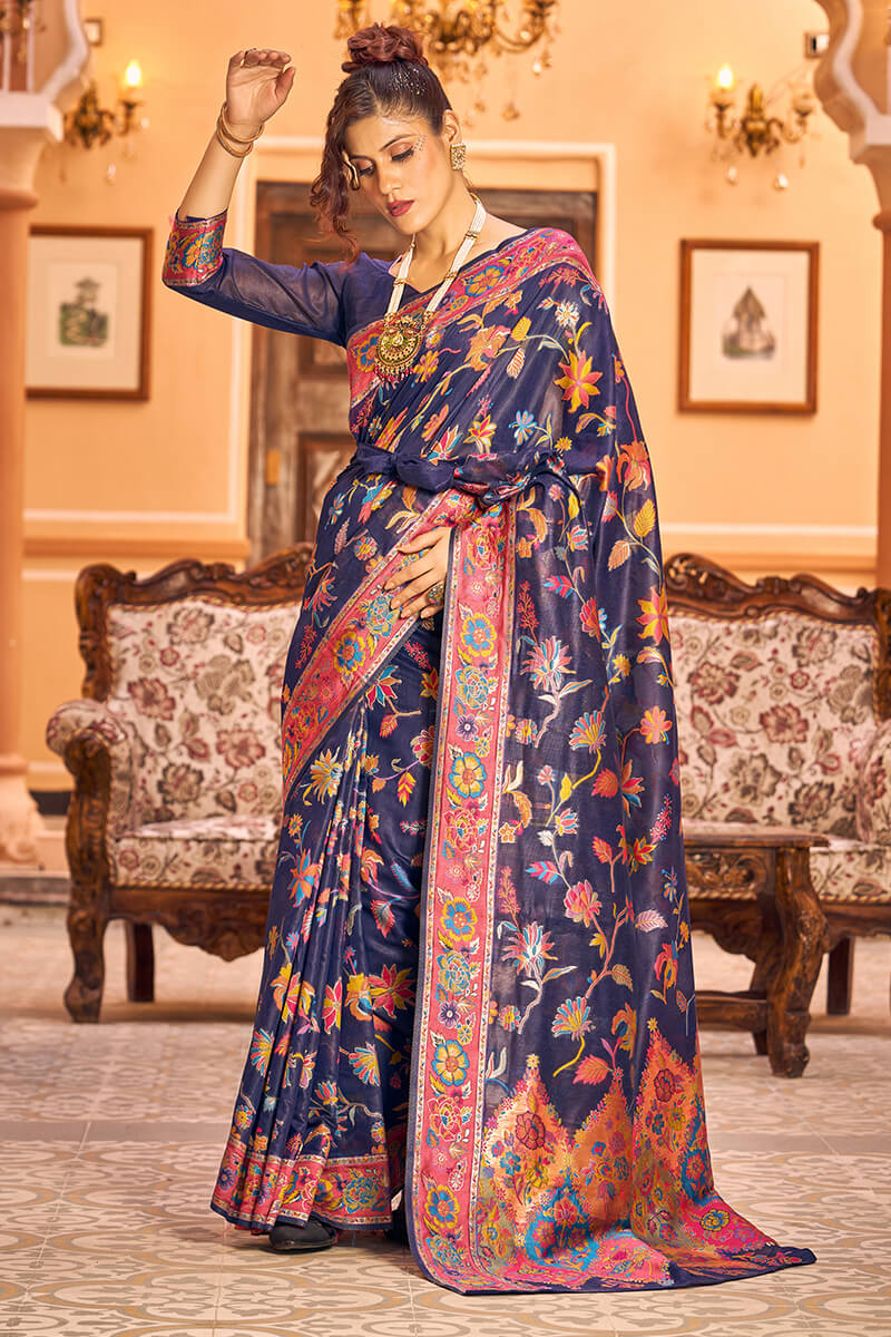 Radiant Navy Blue Linen Silk Saree With Engrossing Blouse Piece