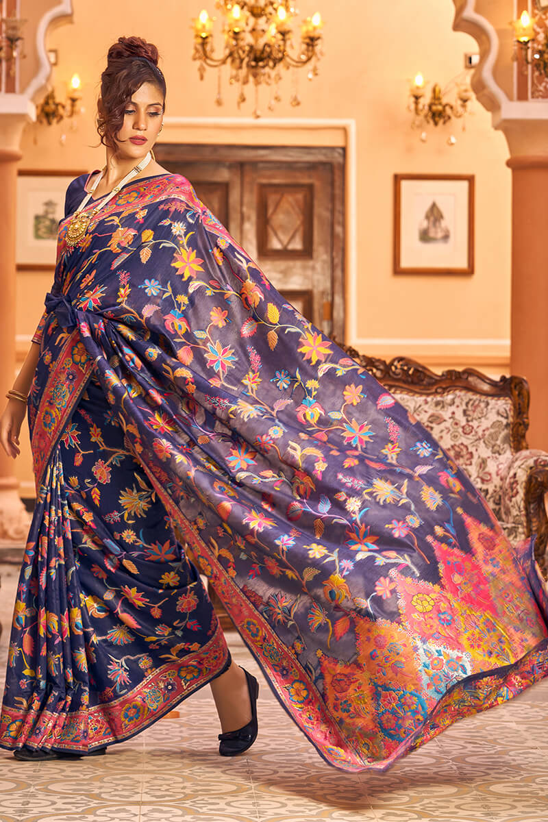 Radiant Navy Blue Linen Silk Saree With Engrossing Blouse Piece