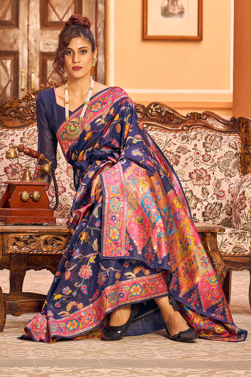 Radiant Navy Blue Linen Silk Saree With Engrossing Blouse Piece