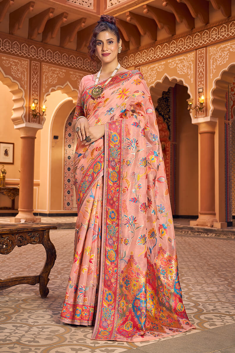 Ravishing Peach Linen Silk Saree With Groovy Blouse Piece