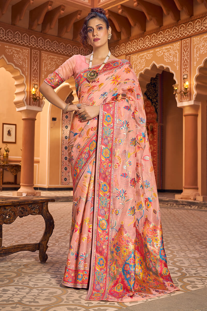 Ravishing Peach Linen Silk Saree With Groovy Blouse Piece