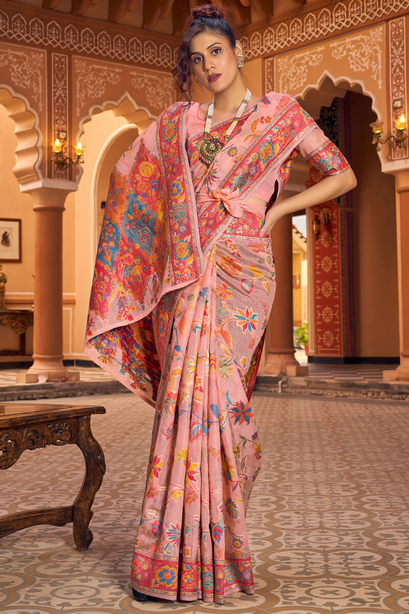 Ravishing Peach Linen Silk Saree With Groovy Blouse Piece