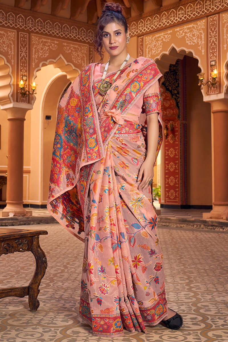 Ravishing Peach Linen Silk Saree With Groovy Blouse Piece