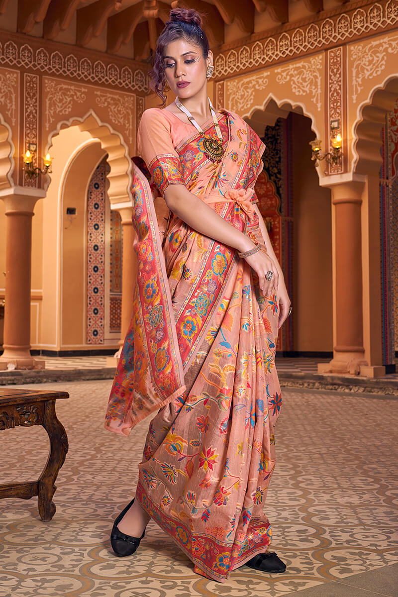 Ravishing Peach Linen Silk Saree With Groovy Blouse Piece