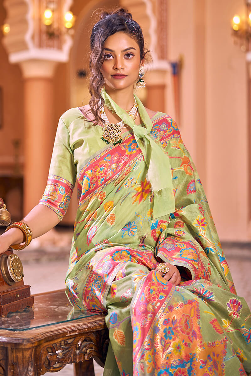 Hypnotic Pista Linen Silk Saree With Flamboyant Blouse Piece