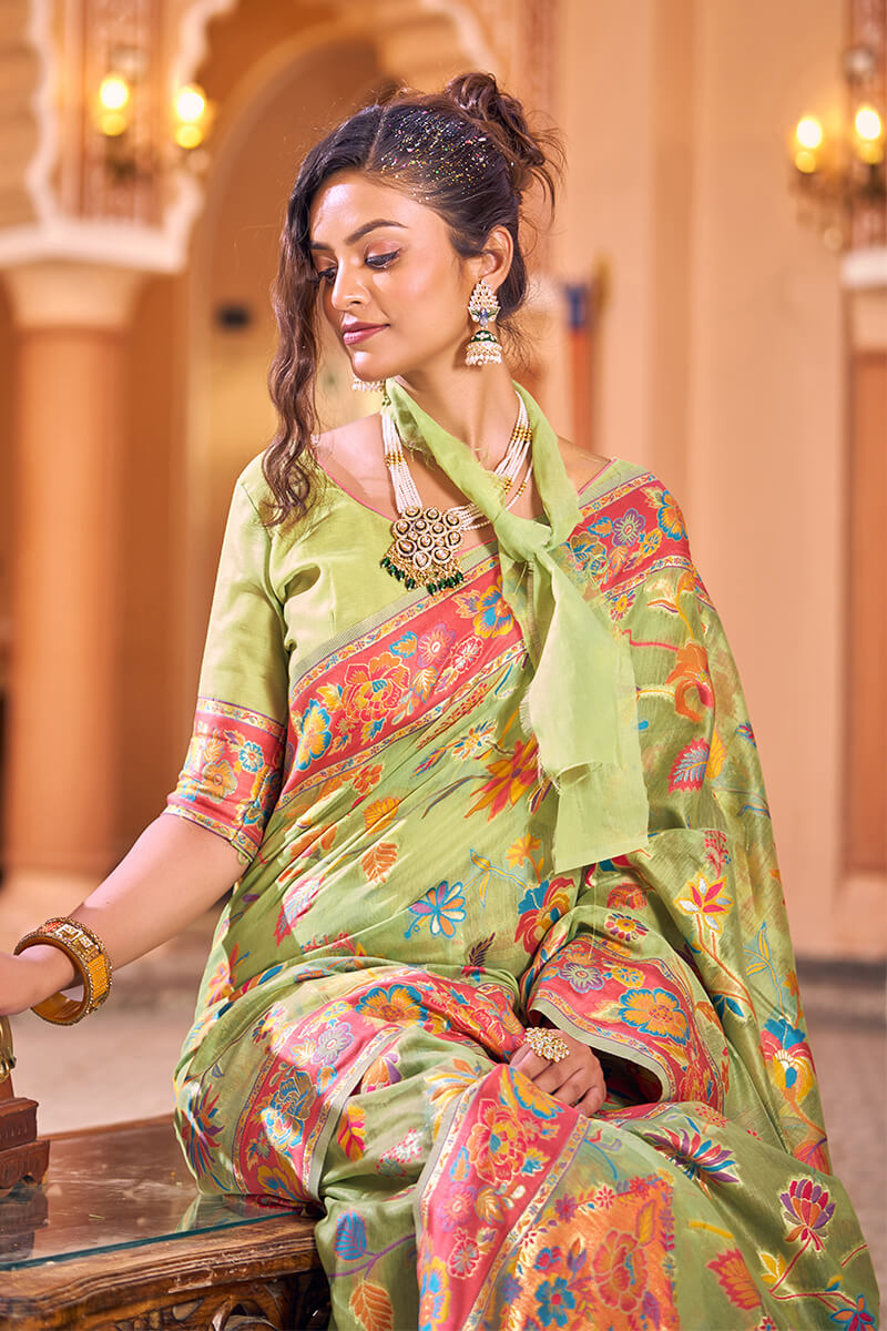 Hypnotic Pista Linen Silk Saree With Flamboyant Blouse Piece