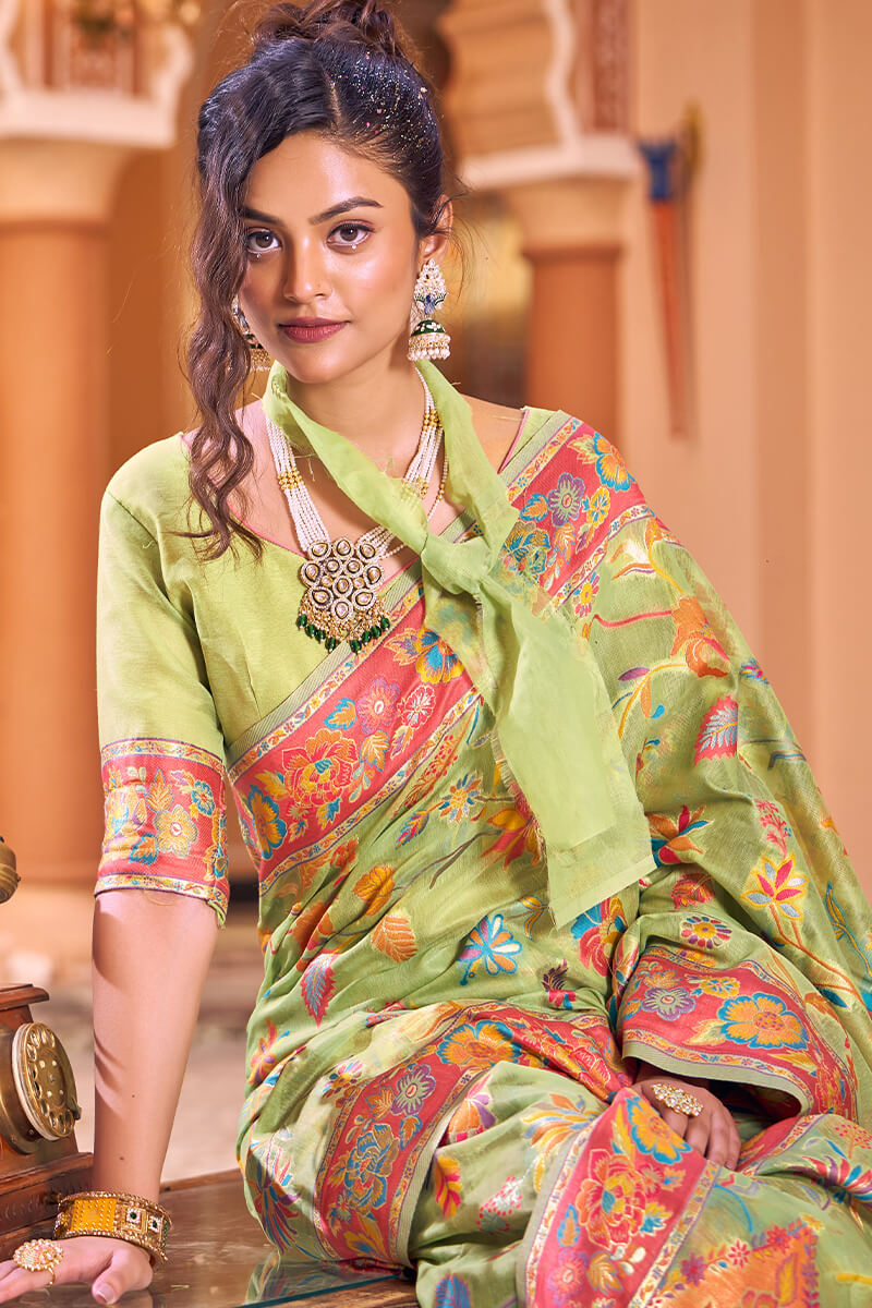 Hypnotic Pista Linen Silk Saree With Flamboyant Blouse Piece