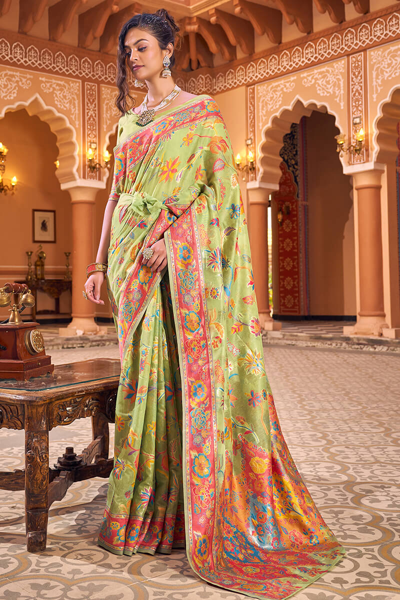 Hypnotic Pista Linen Silk Saree With Flamboyant Blouse Piece