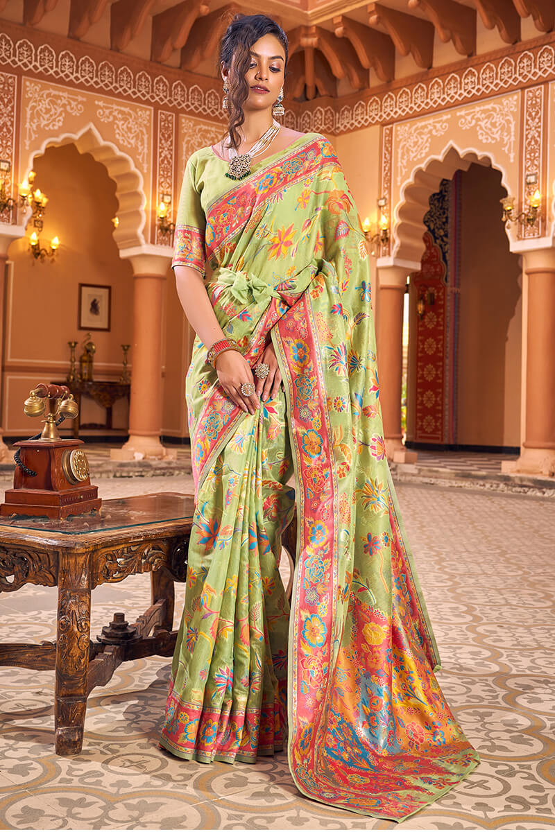 Hypnotic Pista Linen Silk Saree With Flamboyant Blouse Piece