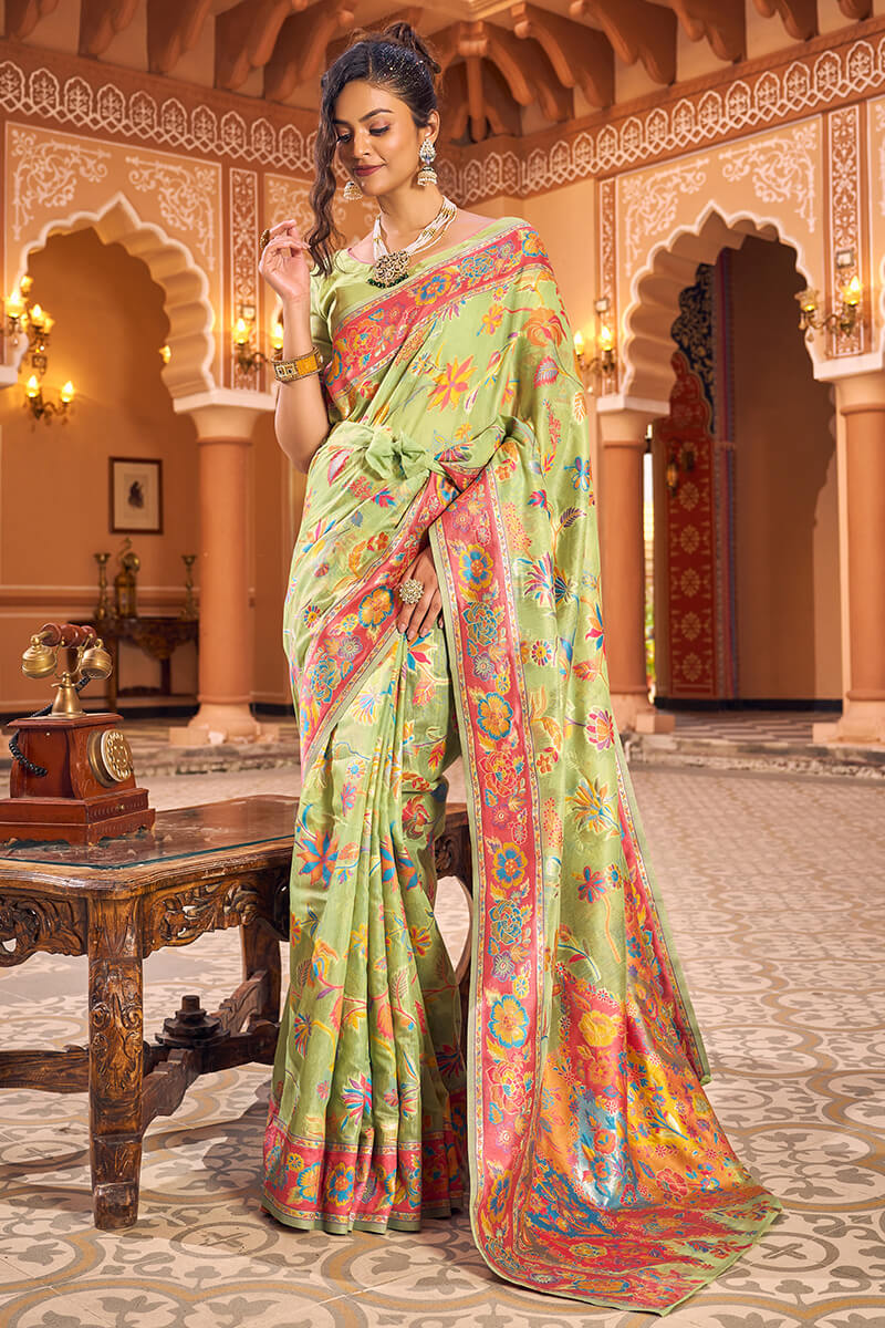 Hypnotic Pista Linen Silk Saree With Flamboyant Blouse Piece