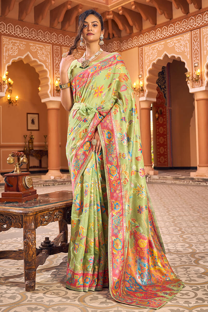 Hypnotic Pista Linen Silk Saree With Flamboyant Blouse Piece