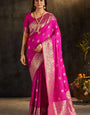 Evanescent Dark Pink Pure Banarasi Silk Saree With Efflorescence Blouse Piece