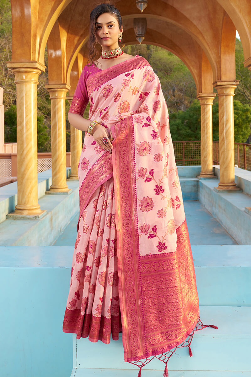 Arresting Baby Pink Organza Silk Saree With Lissome Blouse Piece