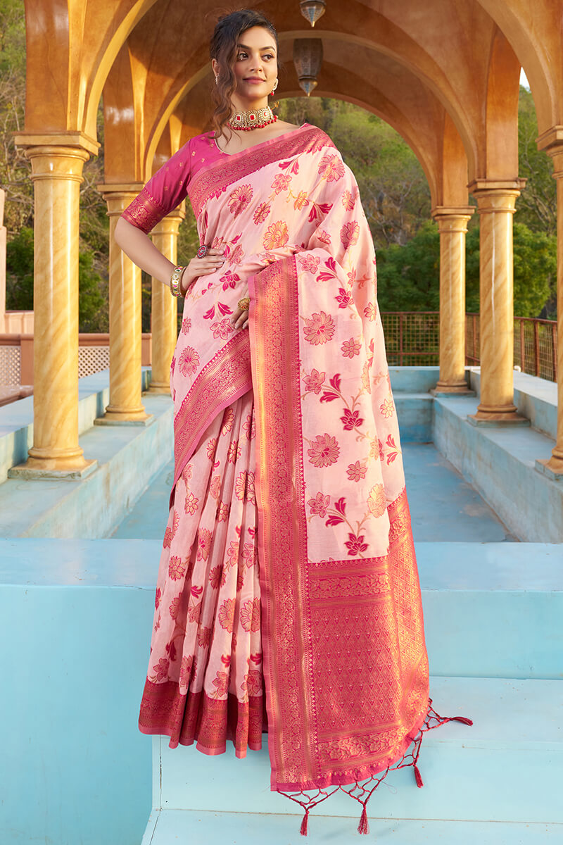 Arresting Baby Pink Organza Silk Saree With Lissome Blouse Piece