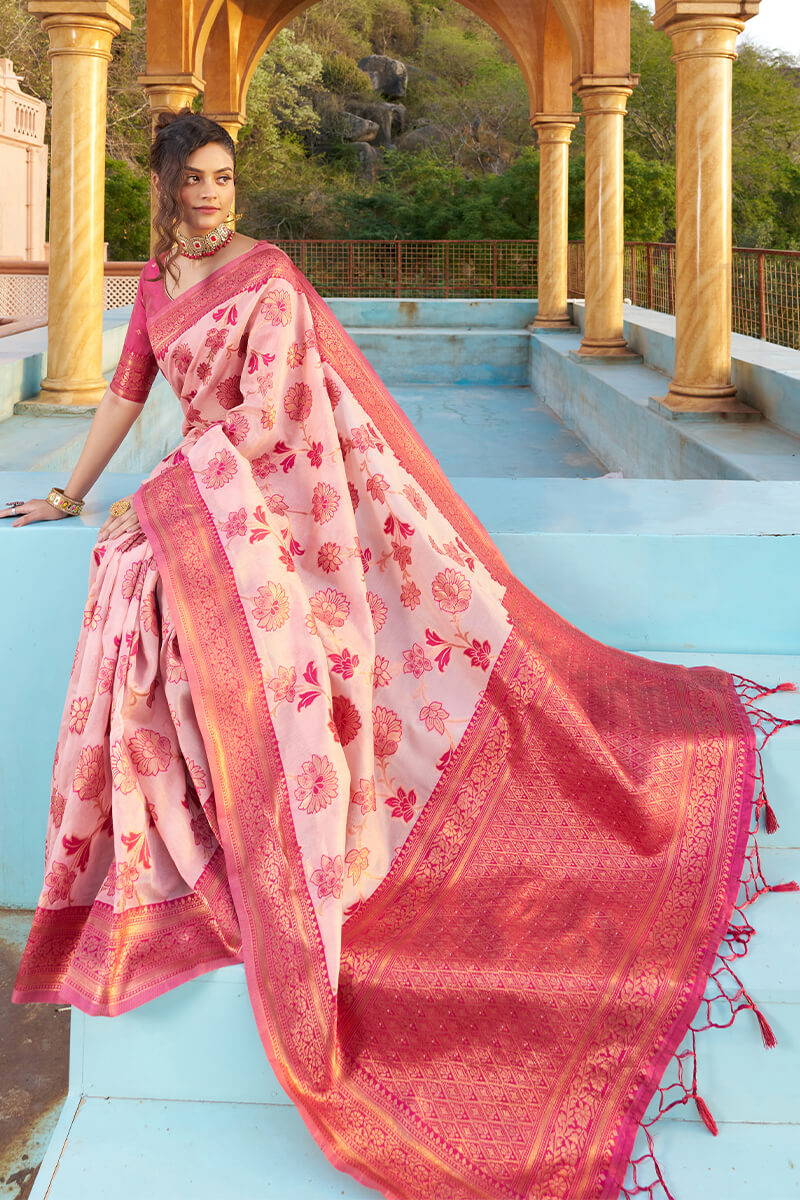 Arresting Baby Pink Organza Silk Saree With Lissome Blouse Piece