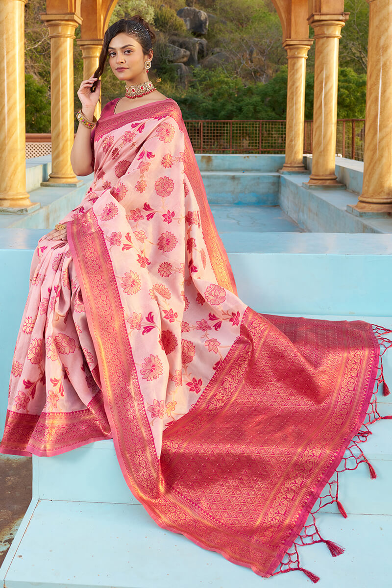 Arresting Baby Pink Organza Silk Saree With Lissome Blouse Piece