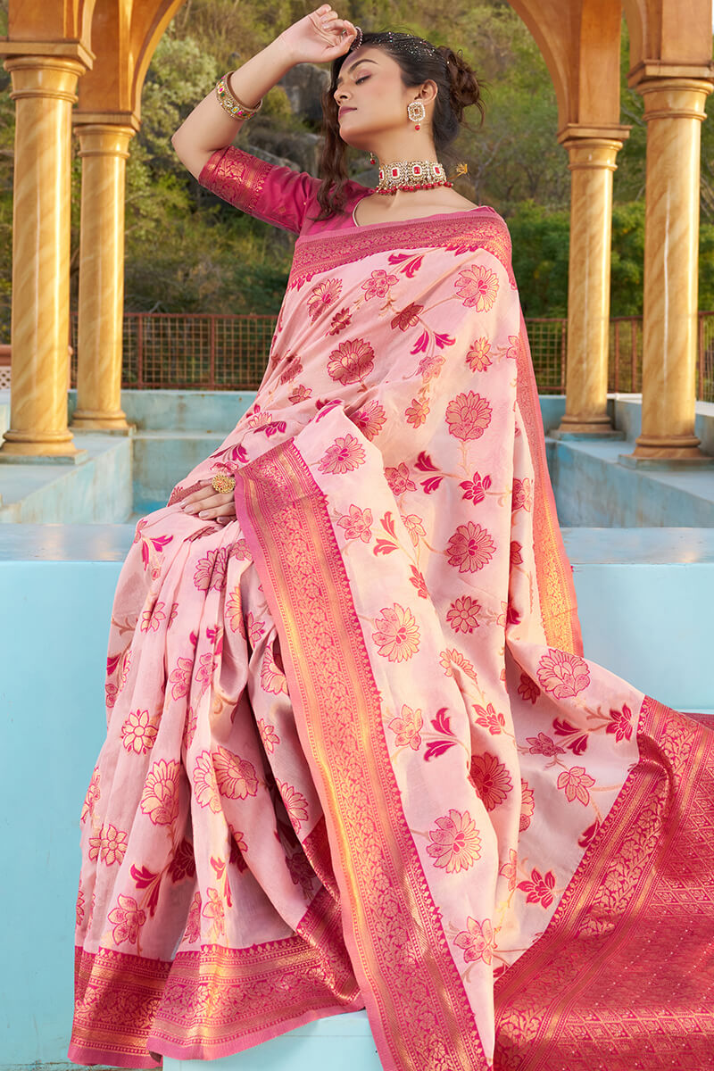 Arresting Baby Pink Organza Silk Saree With Lissome Blouse Piece