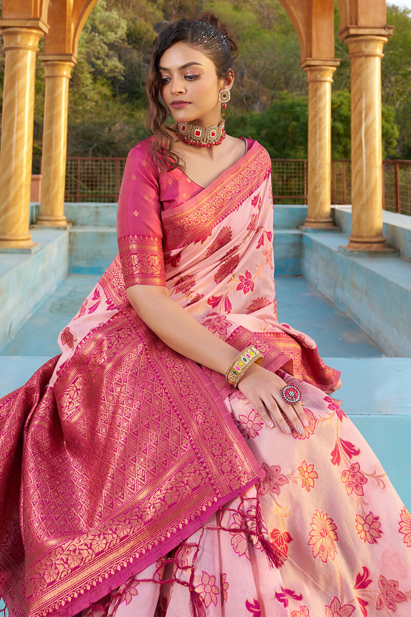 Arresting Baby Pink Organza Silk Saree With Lissome Blouse Piece
