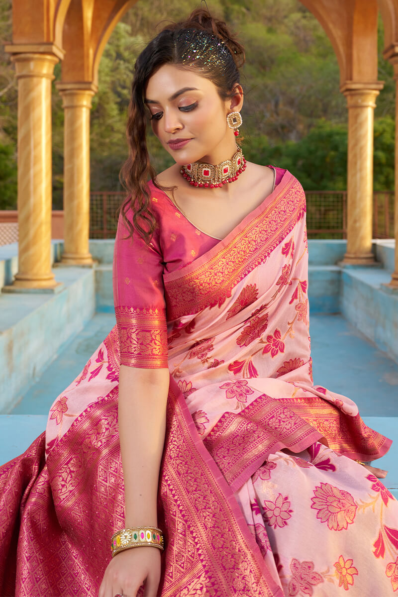 Arresting Baby Pink Organza Silk Saree With Lissome Blouse Piece