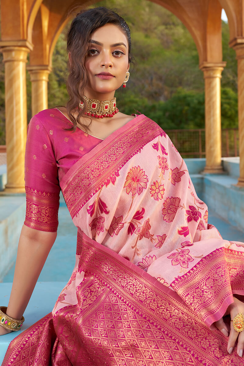 Arresting Baby Pink Organza Silk Saree With Lissome Blouse Piece
