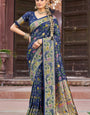 Exemplary Navy Blue Paithani Silk Saree With Appealing Blouse Piece