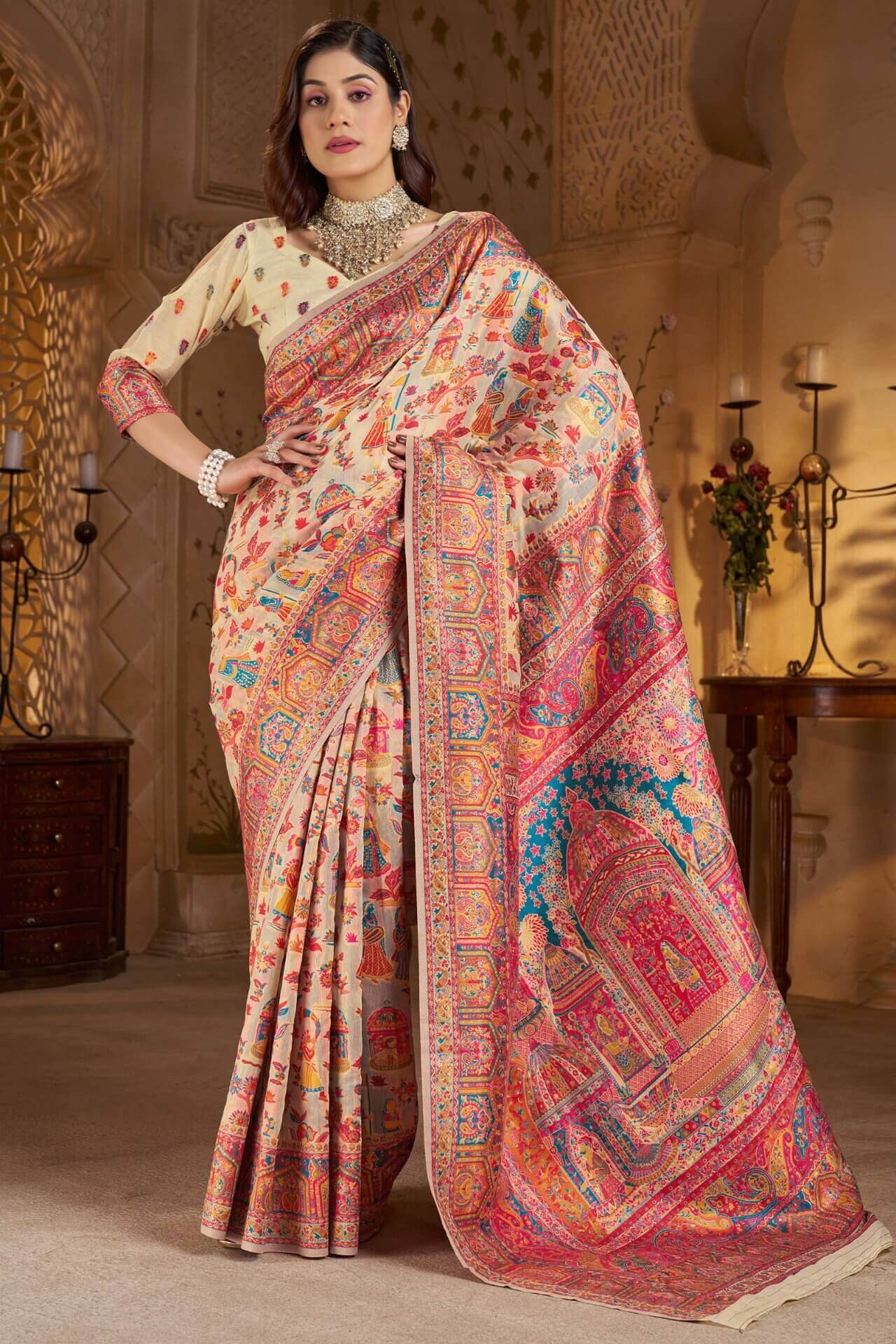 Forbearance Beige Pashmina Saree With Symmetrical Blouse Piece