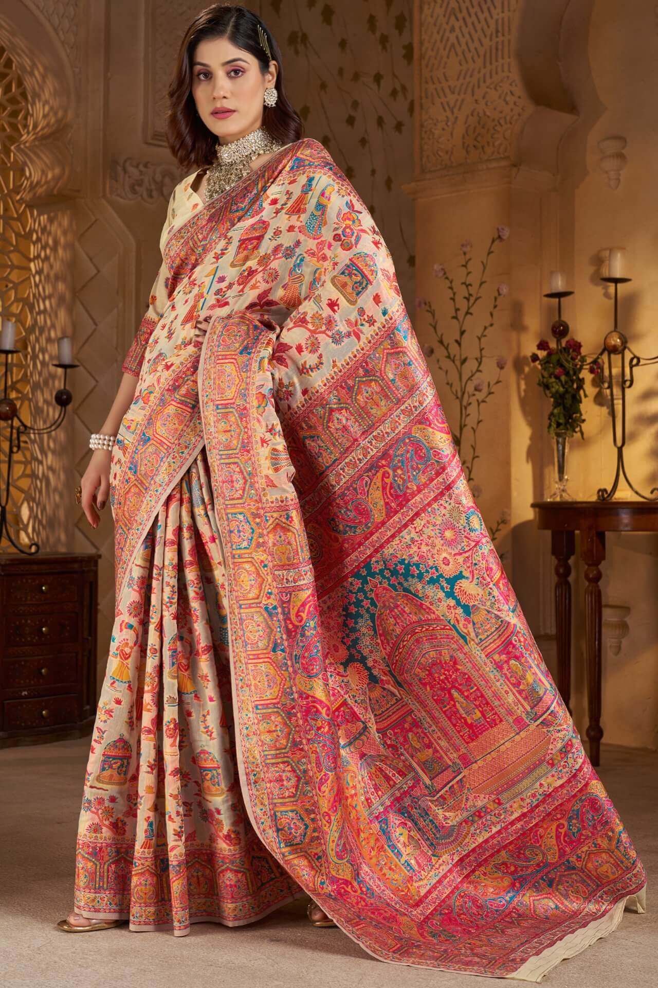 Forbearance Beige Pashmina Saree With Symmetrical Blouse Piece